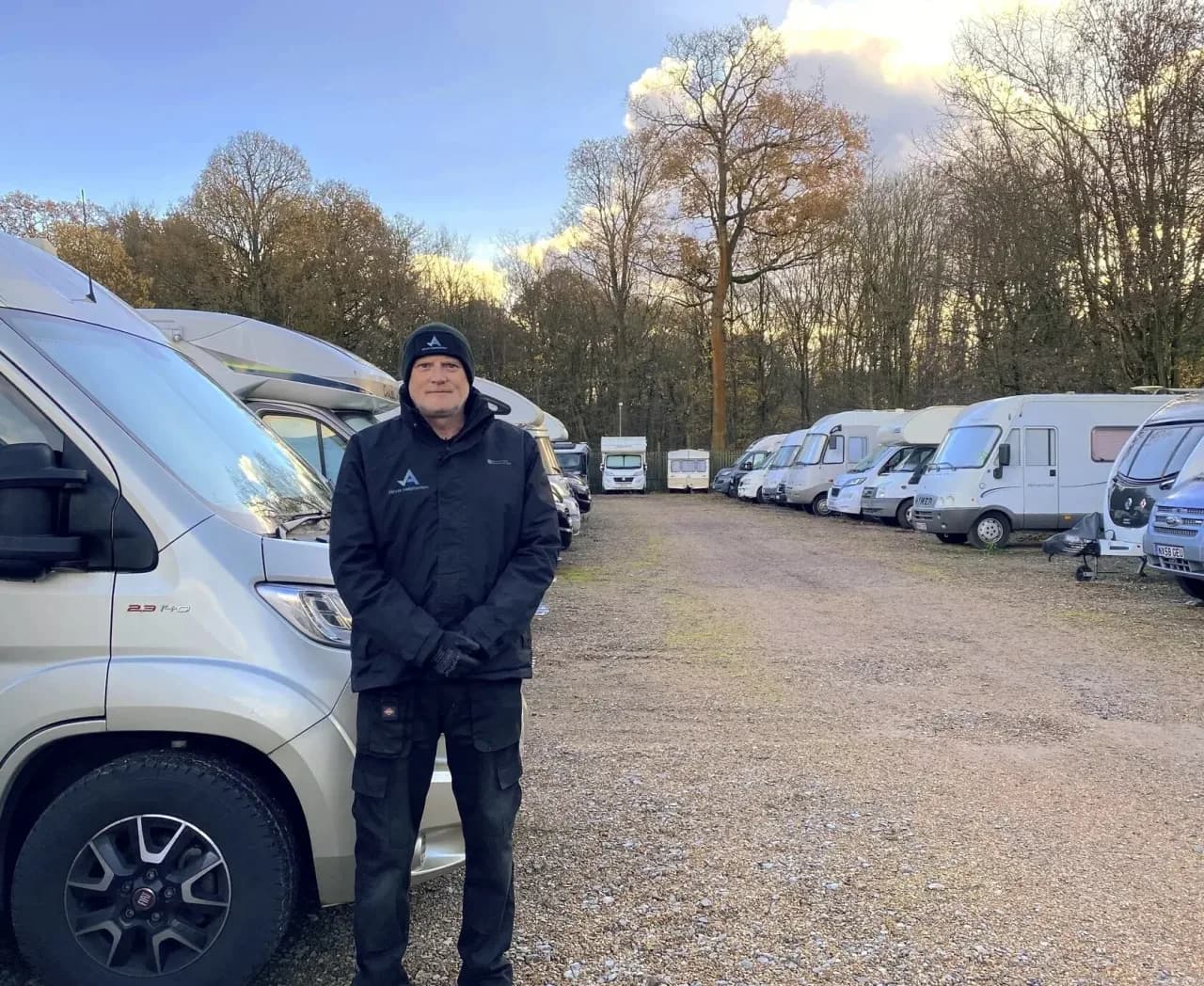 AIVA Habitation approved specialist at a motorhome and caravan storage yard during a mobile service visit