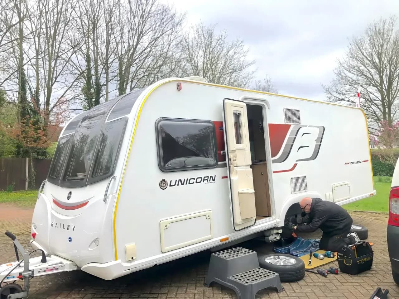 Mobile caravan habitation check in progress on a Bailey Unicorn at the customer’s driveway